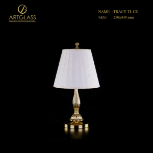 Đèn bàn pha lê TRACY POLISHED TL 1 bóng 40W, thân đồng thau mạ vàng kết hợp chụp vải trắng cao cấp, sản xuất tại CH Séc.
