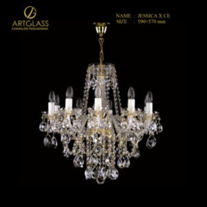 Hình ảnh đèn chùm pha lê JESSICA X CE chính hãng Artglass, với thiết kế 10 tay đèn bằng đồng thau mạ vàng và các dải pha lê cao cấp.