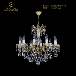 Hình ảnh đèn chùm pha lê KATHERINE X CE chính hãng Artglass, với thiết kế 10 tay đèn bằng đồng thau mạ vàng và các hạt pha lê cao cấp.