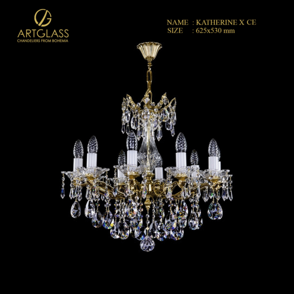 Hình ảnh đèn chùm pha lê KATHERINE X CE chính hãng Artglass, với thiết kế 10 tay đèn bằng đồng thau mạ vàng và các hạt pha lê cao cấp.