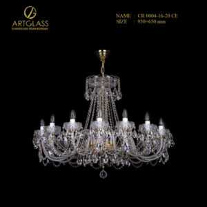 Hình ảnh đèn chùm pha lê CR 0004/16/20 CE chính hãng Artglass, với thiết kế 16 tay đèn bằng đồng thau mạ vàng và các dải pha lê cao cấp.