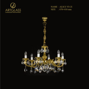 Đèn chùm pha lê Tiệp Khắc ALICE VI POLISHED CE từ Artglass, trang bị 6 bóng 40W, kích thước 670x410mm, chế tác từ đồng thau mạ vàng và pha lê tinh khiết.