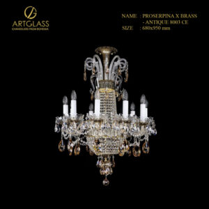 Hình ảnh đèn chùm pha lê PROSERPINA X BRASS ANTIQUE 8003 CE chính hãng Artglass, với thiết kế 12 tay đèn bằng đồng thau mạ vàng cổ và pha lê cao cấp.