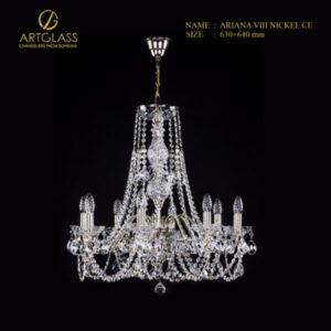 Đèn chùm pha lê Tiệp Khắc ARIANA VIII NICKEL CE gồm 8 bóng, kích thước 630x640mm, chất liệu đồng thau mạ nickel, lý tưởng cho không gian phòng khách sang trọng.