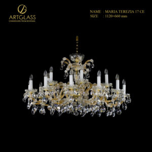 Hình ảnh đèn chùm pha lê cao cấp MARIA TEREZIA 17 CE chính hãng Artglass với 18 bóng nến, khung đồng mạ vàng sang trọng trên nền đen.