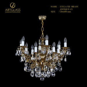 Đèn chùm cổ điển ETELA XII BRASS ANTIQUE CE 12x40W, sự kết hợp hài hòa giữa nghệ thuật thủ công CH Séc và chất liệu pha lê cao cấp, mang đến không gian sang trọng và đẳng cấp.