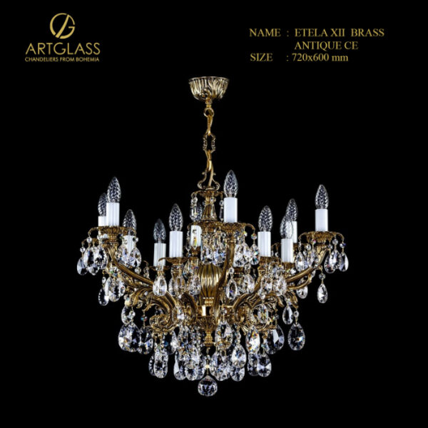 Đèn chùm cổ điển ETELA XII BRASS ANTIQUE CE 12x40W, sự kết hợp hài hòa giữa nghệ thuật thủ công CH Séc và chất liệu pha lê cao cấp, mang đến không gian sang trọng và đẳng cấp.