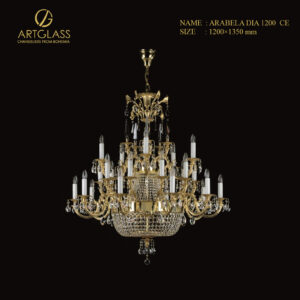 Đèn pha lê cao cấp ARABELA DIA 1200 POLISHED CE nhập khẩu CH Séc, khung đồng thau mạ vàng sang trọng, kết hợp pha lê lấp lánh tạo điểm nhấn ấn tượng cho phòng khách.