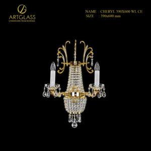 Đèn tường pha lê CHERYL 390×600 WL CE với thiết kế sang trọng từ đồng thau mạ vàng và pha lê cao cấp, tạo nên ánh sáng lung linh và đẳng cấp cho không gian nội thất cao cấp.