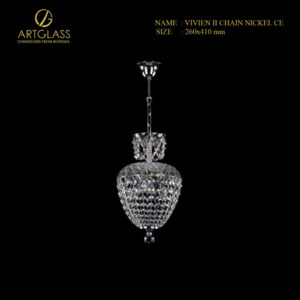 Đèn pha lê trang trí VIVIEN II CHAIN NICKEL CE với thiết kế thả thanh lịch, phản chiếu ánh sáng lung linh qua từng viên pha lê, lý tưởng cho phòng khách, sảnh hoặc hành lang sang trọng.