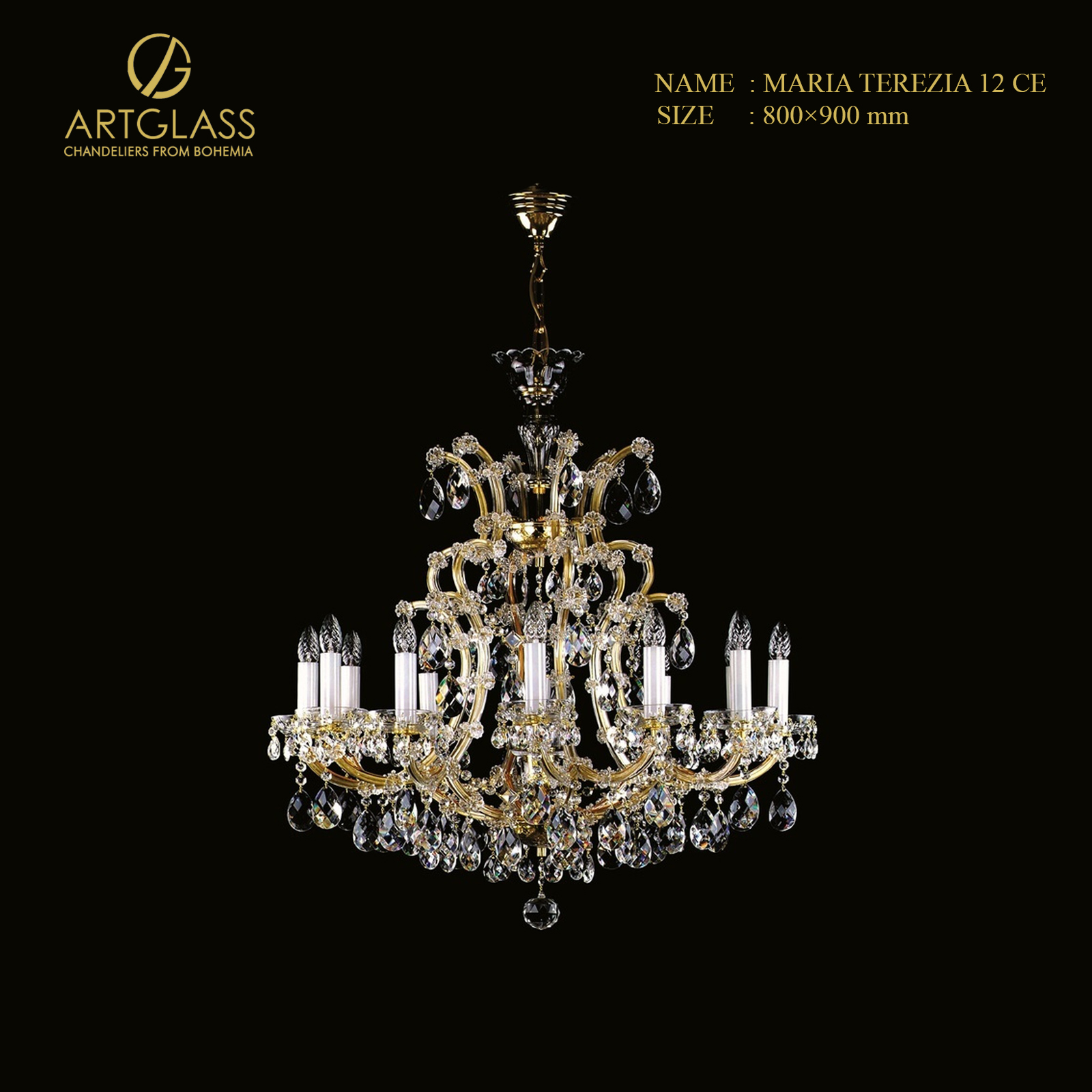 den-chum-pha-le-maria-terezia-12-ce Đèn chùm pha lê MARIA TEREZIA 12 CE 13 bóng cao cấp, thiết kế sang trọng với đồng thau mạ vàng và pha lê Tiệp Khắc, đường kính 800mm, chiều cao 900mm, thương hiệu Artglass.