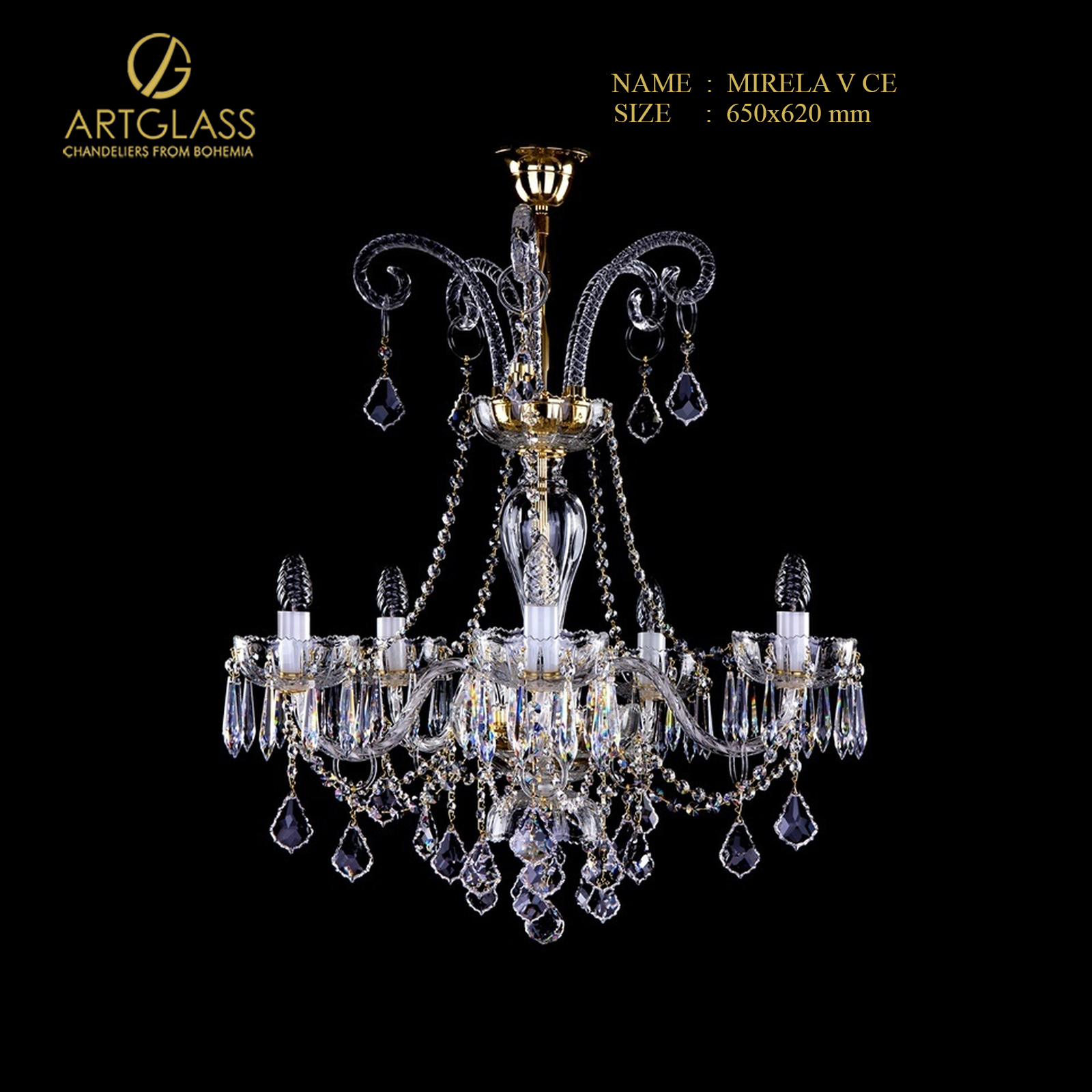den-chum-pha-le-mirela-v-ce Đèn chùm pha lê MIRELA V CE cao cấp, thiết kế tinh xảo với 5 bóng đèn 40W, chất liệu đồng thau mạ vàng và pha lê nhập khẩu từ CH Séc, thương hiệu Artglass sang trọng.