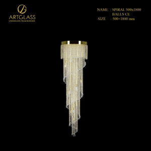 Cận cảnh đèn thả pha lê thông tầng SPIRAL 500x1800 BALLS CE với các chuỗi pha lê hình quả cầu thả dài theo hình xoắn ốc từ đế đèn tròn.