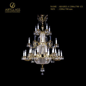 Đèn chùm pha lê ARABELA 1200×1700 POLISHED CE cao cấp, 37 bóng 40W, tỏa sáng lộng lẫy với đồng thau mạ vàng và pha lê Séc, lựa chọn sang trọng cho không gian biệt thự và khách sạn.