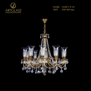 Đèn chùm pha lê JANET X POLISHED CE sang trọng với 10 bóng 40W, thiết kế pha lê cao cấp và đồng thau mạ vàng từ Artglass, phù hợp cho phòng khách và không gian cao cấp.