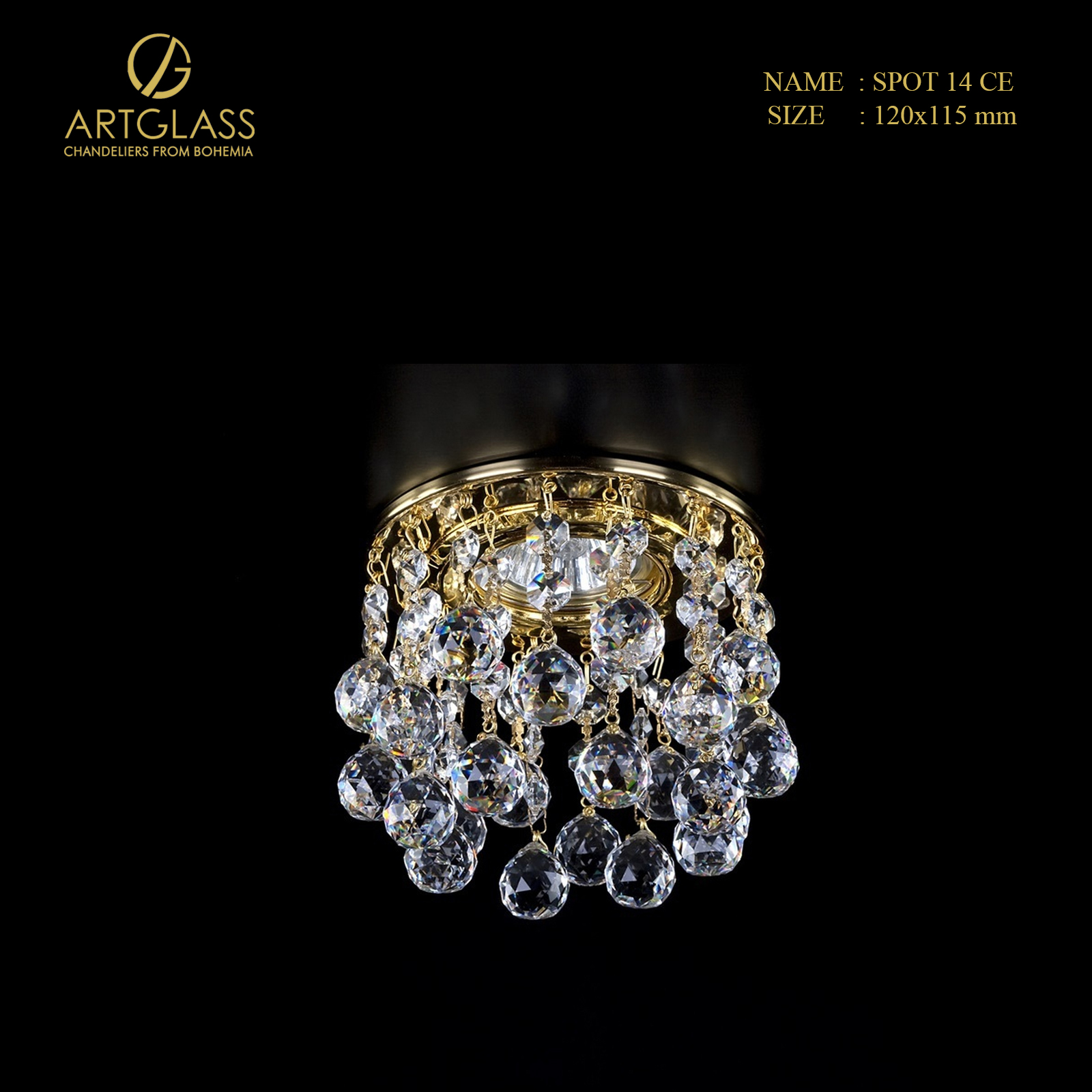 den-op-tran-pha-le-spot-14-ce Chi tiết đèn pha lê ốp trần Artglass SPOT 14 CE, đường kính 120mm, chiều cao 115mm, sử dụng 1 bóng đèn 35W, hoàn thiện bằng đồng thau mạ vàng và pha lê cao cấp của Séc.