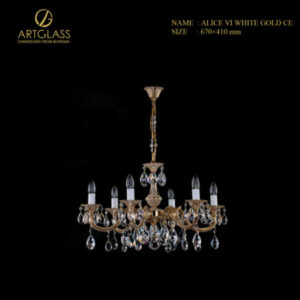 Đèn chùm pha lê ALICE VI WHITE GOLD CE cao cấp, thiết kế 6 bóng 40W từ Artglass CH Séc, chất liệu đồng thau mạ vàng và pha lê sang trọng.