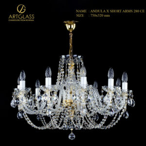 Đèn chùm pha lê ANDULA X SHORT ARMS 280 CE chính hãng Artglass từ Tiệp Khắc, thiết kế cổ điển 10 bóng, có khung bằng đồng thau mạ vàng và trang trí bằng những dải pha lê cao cấp.