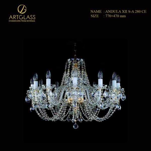 Đèn chùm pha lê ANDULA XII SHORT ARMS 280 CE chính hãng Artglass từ Tiệp Khắc, thiết kế cổ điển 12 bóng, có khung bằng đồng thau mạ vàng và trang trí bằng những dải pha lê cao cấp.