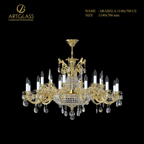 Mẫu đèn chùm pha lê ARABELA 1140×700 POLISHED CE 22 bóng 40W, pha lê cao cấp và đồng thau mạ vàng tinh xảo, tạo điểm nhấn sang trọng cho phòng khách và sảnh lớn.