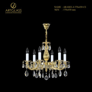 Đèn chùm pha lê ARABELA 570×450 POLISHED CE 6 bóng 40W, thiết kế đồng thau mạ vàng kết hợp pha lê cao cấp nhập khẩu CH Séc, mang lại vẻ đẹp sang trọng cho phòng khách.