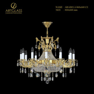 Đèn chùm pha lê ARABELA 860×660 POLISHED BRASS CE 16 bóng 40W, chế tác từ đồng thau mạ vàng và pha lê cao cấp CH Séc, mang vẻ đẹp sang trọng và tinh tế cho không gian.