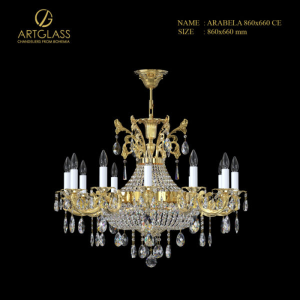 Đèn chùm pha lê ARABELA 860×660 POLISHED BRASS CE 16 bóng 40W, chế tác từ đồng thau mạ vàng và pha lê cao cấp CH Séc, mang vẻ đẹp sang trọng và tinh tế cho không gian.