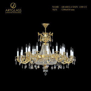 Đèn chùm pha lê ARABELA DIA 1200×850 POLISHED CE 30 bóng 40W, chế tác từ đồng thau mạ vàng và pha lê cao cấp nhập khẩu CH Séc, lựa chọn hoàn hảo cho không gian sang trọng.