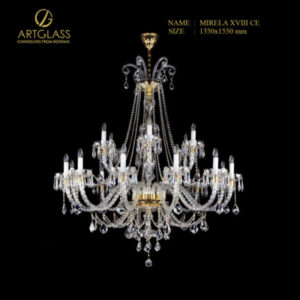 Đèn chùm pha lê MIRELA XVIII POLISHED CE kích thước lớn của Artglass Tiệp Khắc, thiết kế hoành tráng với 18 bóng nến và các hạt pha lê cao cấp được đánh bóng (polished) trên khung đồng thau mạ vàng.