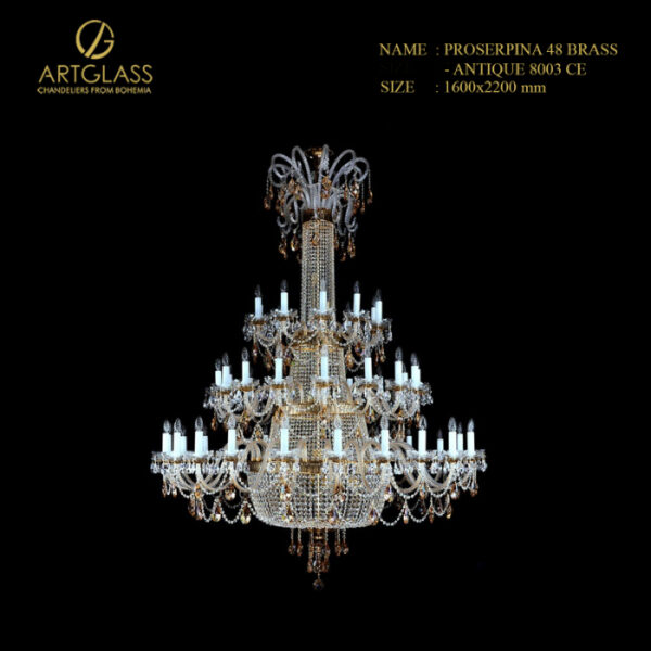 Đèn chùm pha lê thông tầng PROSERPINA 48 POLISHED CE của Artglass Tiệp Khắc, thiết kế 3 tầng lộng lẫy với 48 bóng nến và các dải pha lê cao cấp được đánh bóng (polished) trên khung đồng thau mạ vàng.