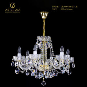 Đèn chùm pha lê CR 0004/06/20 CE cao cấp, thiết kế tinh xảo với 6 bóng đèn 40W, khung đồng thau mạ vàng kết hợp pha lê sáng lấp lánh, tạo ánh sáng sang trọng cho phòng khách và nội thất hiện đại.