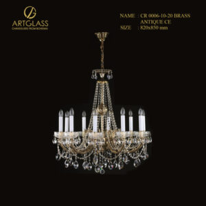 Mẫu đèn chùm pha lê CR 0006/10/20 BRASS ANTIQUE CE 10 bóng 40W, phong cách châu Âu sang trọng, kết hợp đồng thau mạ vàng và pha lê cao cấp, tạo ánh sáng lộng lẫy cho biệt thự và không gian sang trọng.