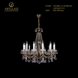 Đèn chùm pha lê CR 0006/12/20 BRASS ANTIQUE CE cao cấp, thiết kế cổ điển với 12 bóng đèn 40W, khung đồng thau mạ vàng và pha lê lấp lánh, phù hợp chiếu sáng và trang trí phòng khách, sảnh lớn và biệt thự.