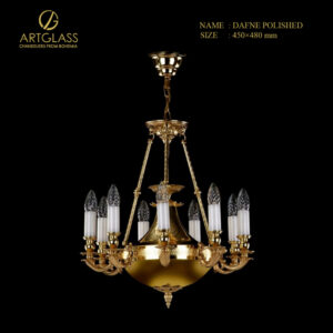 Mẫu đèn pha lê DAFNE POLISHED cao cấp, 9 bóng đèn 40W bố trí đều xung quanh, khung đồng thau mạ vàng sang trọng kết hợp pha lê lấp lánh, tạo ánh sáng rực rỡ cho không gian phòng khách.