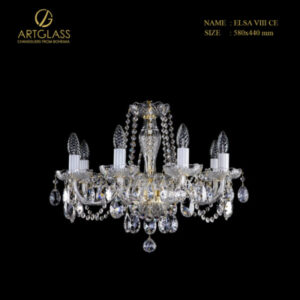 Đèn chùm pha lê ELSA VIII CE chính hãng Artglass từ Tiệp Khắc, thiết kế cổ điển 8 bóng, có khung bằng đồng thau mạ vàng và trang trí bằng các hạt pha lê cao cấp.