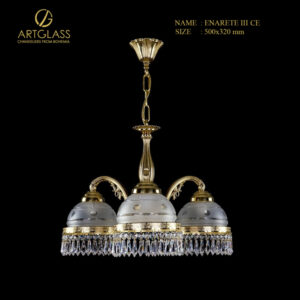 Đèn chùm pha lê ENARETE III CE chính hãng Artglass, thiết kế tân cổ điển với 3 bóng đèn, chất liệu đồng thau mạ vàng và trang trí bằng các hạt pha lê cao cấp của Tiệp Khắc.