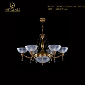 Đèn Pha Lê GOLDIE VI LIGHT PATINA CE với 8 bóng đèn 40W, khung đồng thau mạ vàng kết hợp pha lê cao cấp, mang phong cách cổ điển sang trọng từ thương hiệu Artglass CH Séc.