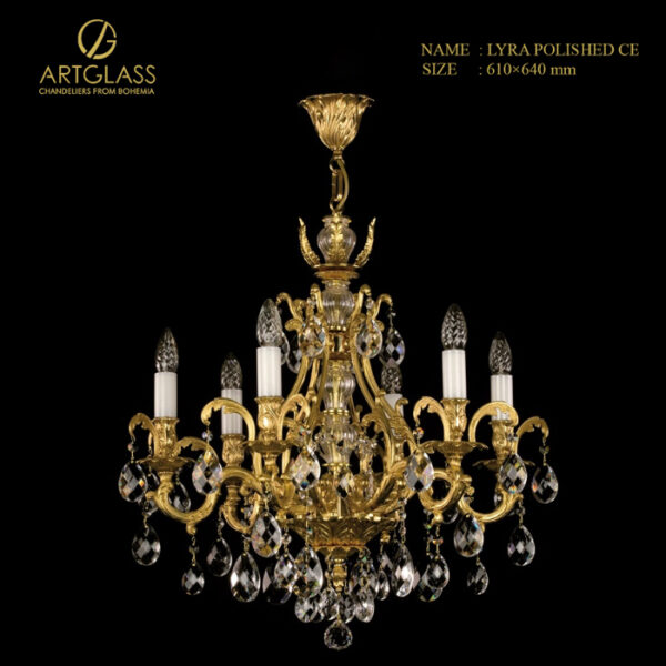 Đèn chùm pha lê LYRA POLISHED CE sang trọng 6 bóng đèn, chao đèn đồng thau mạ vàng kết hợp pha lê lấp lánh, lựa chọn hoàn hảo cho sảnh lớn và không gian cao cấp.
