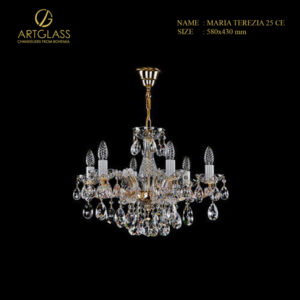 Đèn chùm pha lê MARIA TEREZIA 25 CE từ Artglass Tiệp Khắc, với 6 bóng đèn và các hạt pha lê cao cấp treo trên khung đồng thau mạ vàng.