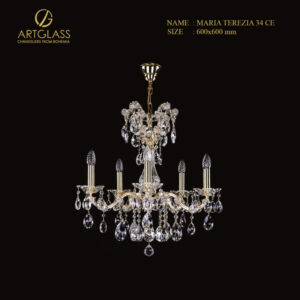 Đèn chùm pha lê MARIA TEREZIA 34 CE chính hãng Artglass Tiệp Khắc, thiết kế theo phong cách hoàng gia Maria Terezia với 5 bóng đèn và các tay đèn bọc pha lê cao cấp trên khung đồng thau mạ vàng.