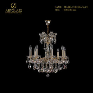 Hình ảnh đèn chùm pha lê 8 bóng MARIA TEREZIA 36 CE của Artglass, mang phong cách cổ điển Maria Terezia với khung đồng thau mạ vàng và pha lê Tiệp Khắc.
