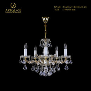 Đèn chùm pha lê MARIA TEREZIA 46 CE chính hãng Artglass Tiệp Khắc, thiết kế theo phong cách hoàng gia Maria Terezia với 5 bóng đèn và các tay đèn bọc pha lê cao cấp trên khung đồng thau mạ vàng.