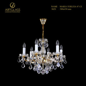 Đèn chùm pha lê MARIA TEREZIA 47 CE chính hãng Artglass Tiệp Khắc, thiết kế theo phong cách hoàng gia Maria Terezia với 6 bóng đèn và các tay đèn bọc pha lê cao cấp trên khung đồng thau mạ vàng.