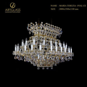 Hình ảnh đèn chùm pha lê MARIA TEREZIA OVAL CE của Artglass Tiệp Khắc, kích thước lớn với 49 bóng đèn, khung đồng thau mạ vàng và pha lê cao cấp.