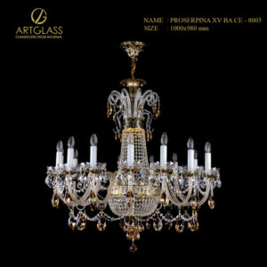 Đèn chùm pha lê PROSERPINA XV BRASS ANTIQUE CE của Artglass Tiệp Khắc, thiết kế 2 tầng cổ điển với 18 bóng nến và các hạt pha lê cao cấp trên khung đồng thau hoàn thiện giả cổ (brass antique).