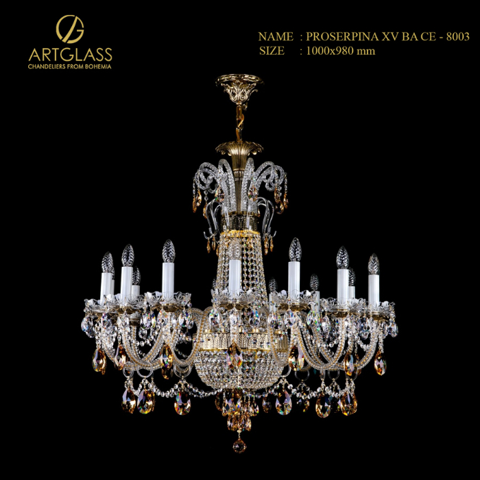den-chum-pha-le-proserpina-xv-brass-antique-ce-8003 Đèn chùm pha lê PROSERPINA XV BRASS ANTIQUE CE của Artglass Tiệp Khắc, thiết kế 2 tầng cổ điển với 18 bóng nến và các hạt pha lê cao cấp trên khung đồng thau hoàn thiện giả cổ (brass antique).