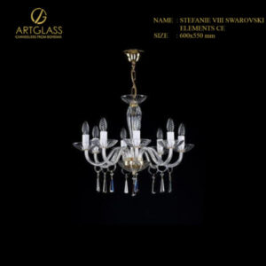 Đèn chùm pha lê STEFANIE VIII SWAROVSKI ELEMENTS 8 bóng đèn, thiết kế đồng thau mạ vàng sang trọng kết hợp pha lê cao cấp Swarovski, phù hợp trang trí phòng khách và không gian cao cấp.