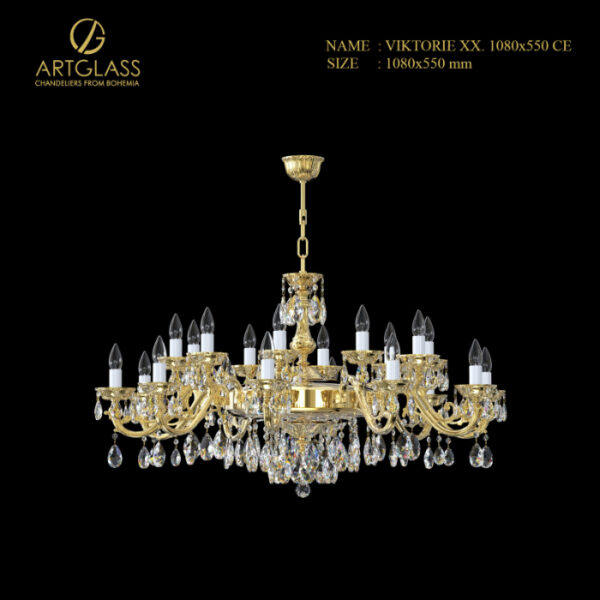 Sản phẩm đèn chùm pha lê VIKTORIE XX 1080x550 POLISHED CE, 20 bóng đèn, nhập khẩu từ CH Séc, mang phong cách cổ điển châu Âu, tôn lên sự sang trọng của không gian sống.