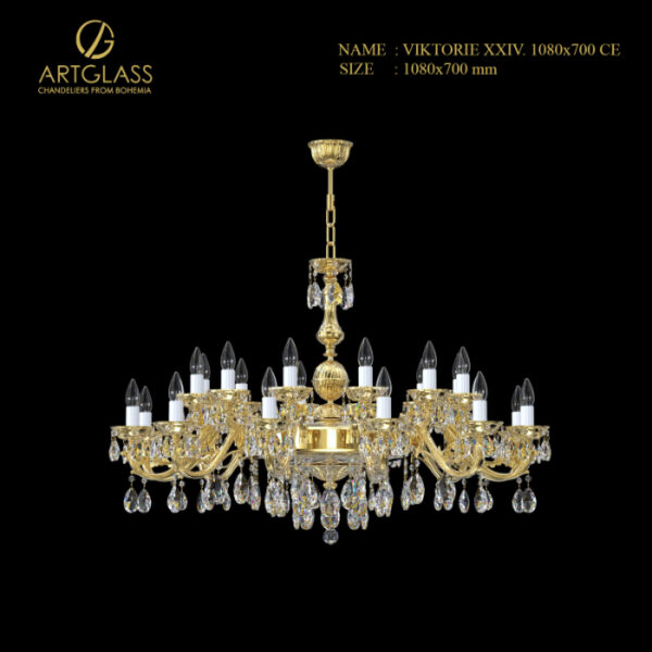 Đèn Pha Lê VIKTORIE XXIV 1080x700 POLISHED CE gồm 24 bóng đèn, pha lê Tiệp Khắc kết hợp đồng thau mạ vàng, mang lại vẻ đẹp sang trọng và đẳng cấp cho không gian.