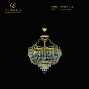 Đèn đồng pha lê CORINA II POLISHED CE gồm 8 bóng 40W, chế tác từ đồng thau mạ vàng và pha lê cao cấp, mang phong cách cổ điển sang trọng từ thương hiệu Artglass CH Séc.